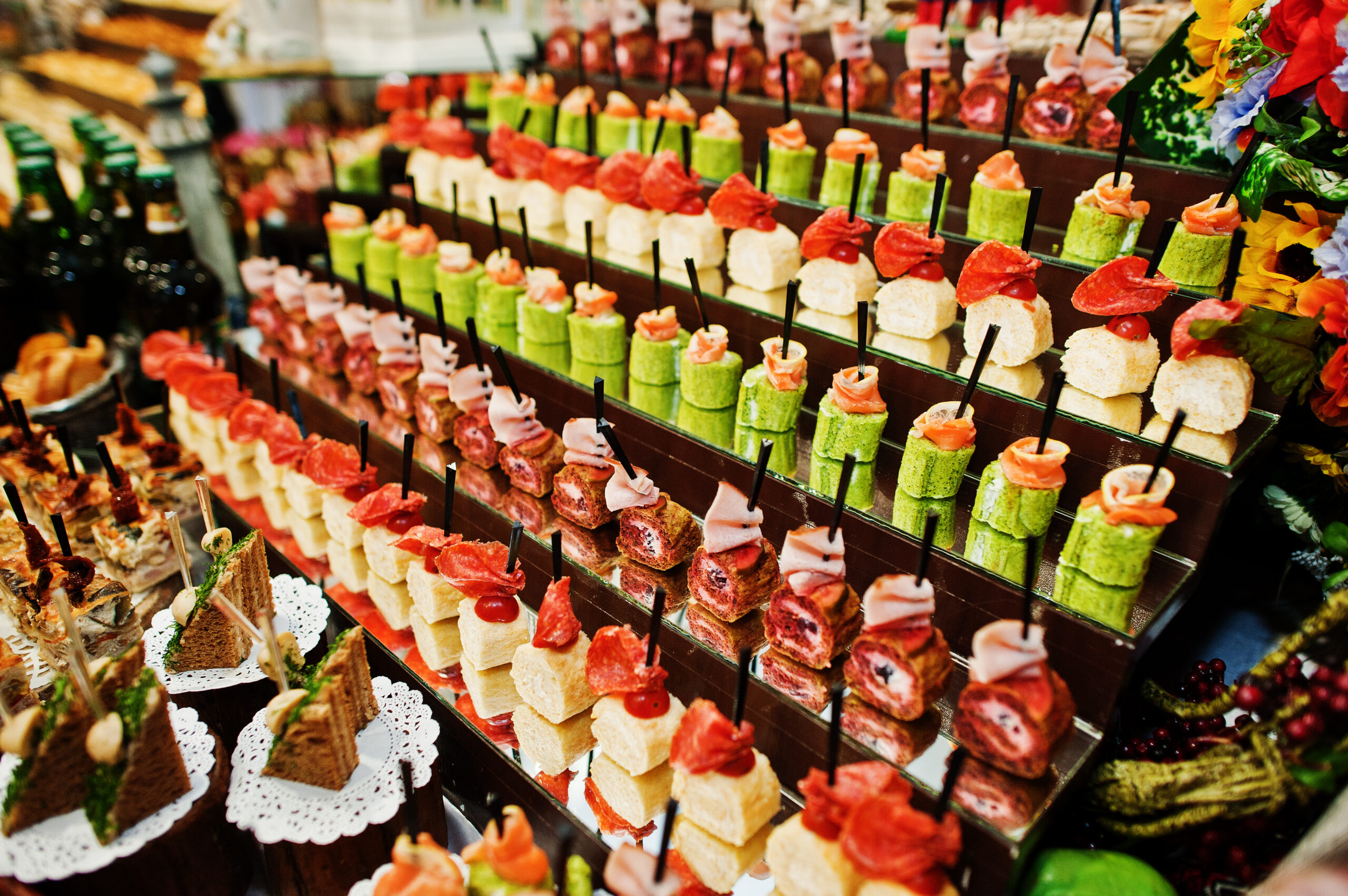 Huge variety of delicious and colorful meals on wedding banquet.